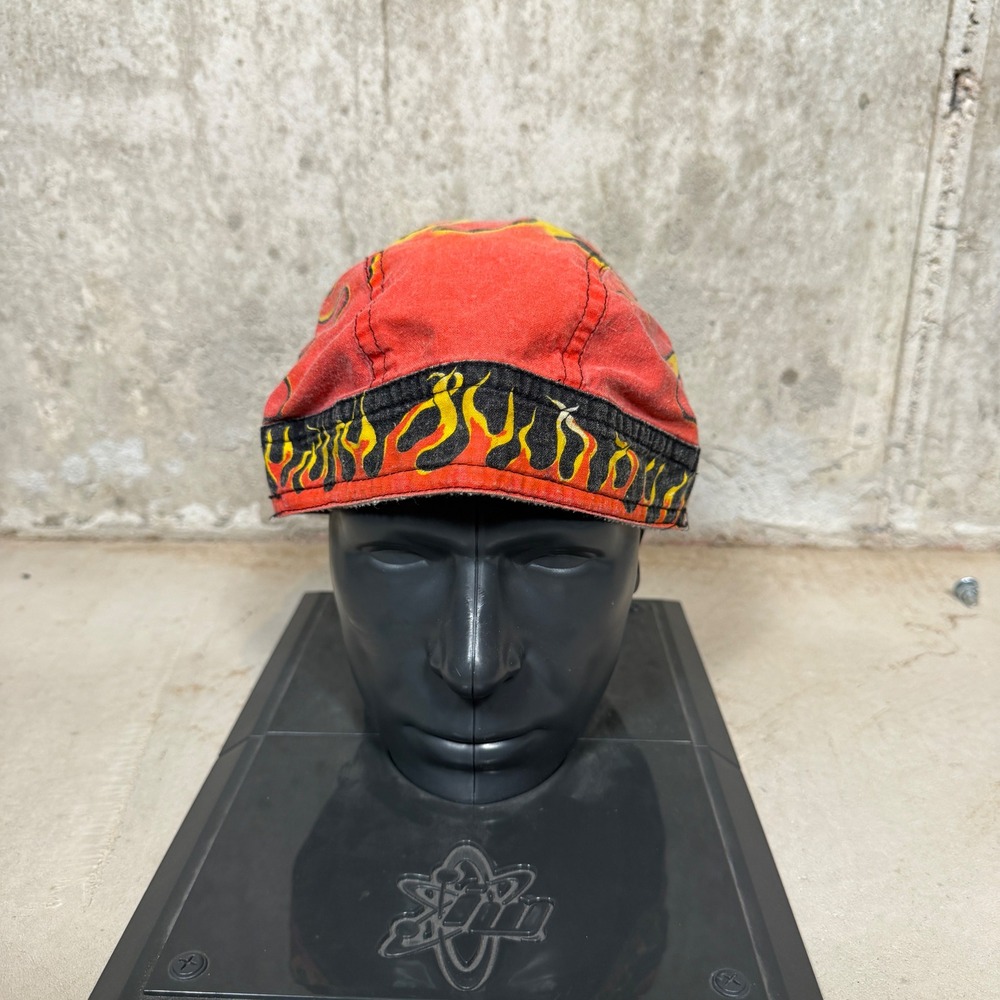 vintage 90s Motorcycle Doo Rag Red Black Flame Print Biker Headwrap Tie Back Hat